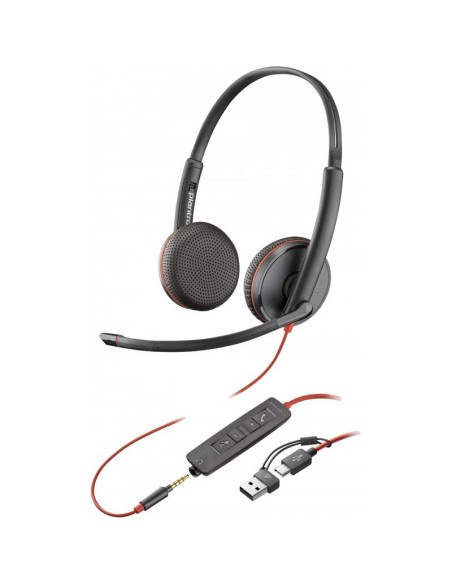 AURICULAR + MICROFONO POLY BLACKWIRE 3225 BIAURAL 3.5MM + ADAPTADOR USB-A/C