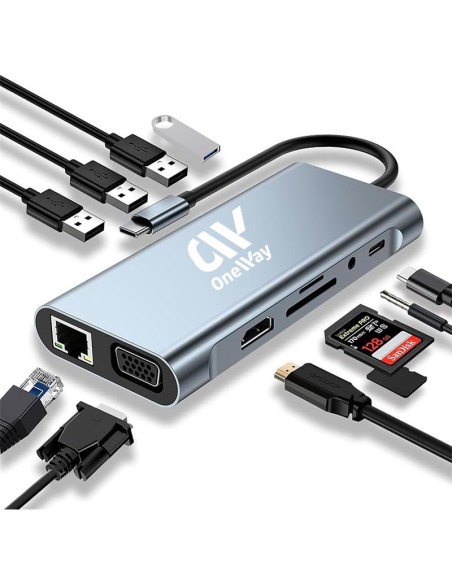DOCK HUB ONEWAY USB-C 11 EN 1 HDMI/VGA/RJ45/USB 3.0/USB-C PD/MICROSD SILVER