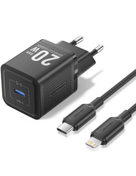 CARGADOR DE PARED VENTION GAN USB-C 20W BLACK + CABLE UCB-C 2M BLACK